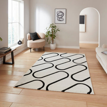 Catherine Lansfield Linear Curve Modern Geometric Durable Easy-Care Carved High Density Polyproplyene Cream/Black Rug-Think Rugs-Rug Love - The Most Loved Rug Store